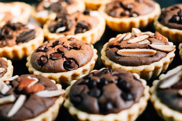 Cake chocolate brownies tarts, close up.,vintage tone