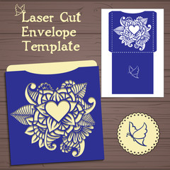 Fototapeta na wymiar Lasercut vector wedding invitation template. Wedding invitation envelope with flowers for laser cutting. Lace gate folds.Laser cut vector.