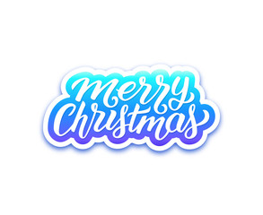 Merry Christmas text on paper label with hand lettering over white background. Sticker or greeting card vector design template for Xmas celebration