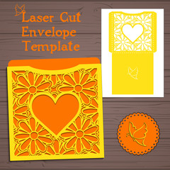 Lasercut vector wedding invitation template. Wedding invitation envelope with flowers for laser cutting. Lace gate folds.Laser cut vector.