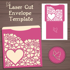 Lasercut vector wedding invitation template. Wedding invitation envelope with flowers for laser cutting. Lace gate folds.Laser cut vector.