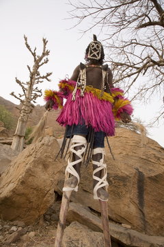Masked ceremonial Dogon dancer on stilts near Sangha, Bandiagara escarpment, Dogon area, Mali, West Africa