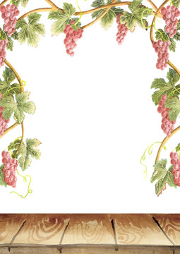 Frame of red grape vines. Table. Background. Watercolor template