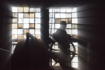 Naklejka na ściany i meble worker, window and factory
