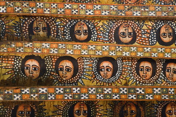 The famous painting on the ceiling of the winged heads of 80 Ethiopian cherubs, Gonder, Debre Berhan Selassie Church, Ethiopia