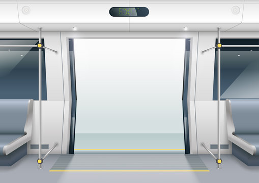 Sliding doors of modern subway car with seating for passengers. Vector graphics