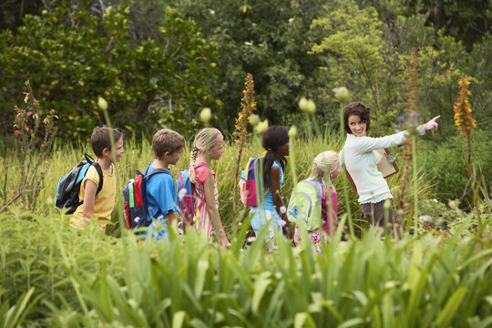 Young teacher with children on nature field trip