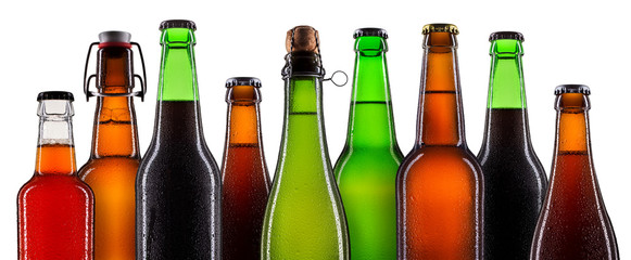 Set of beer bottles isolated on white background.