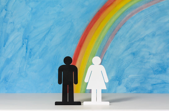 Man and women icons with a rainbow and blue sky to illustrate the concept of gender equality; medium shot for copy space.