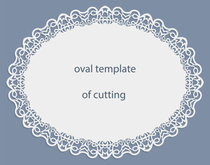 Greeting  card with openwork  oval border, paper doily under the cake, template for cutting, wedding invitation, decorative plate is laser cut, frame with lace edge, vector illustrations.