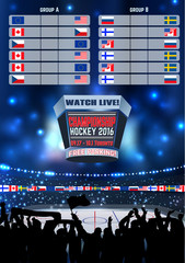 Vector ice hockey arena Board Empty Field Background Championship Toronto. Vertical poster.