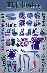 Vector ice hockey items. Equipment and protect.Winter sporting games theme or championship design.