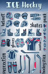 Vector ice hockey items. Equipment and protect.Winter sporting games theme or championship design.