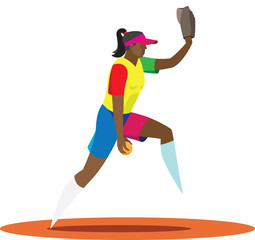 Fototapeta na wymiar A African-American girl softball player on the pitch of the ball