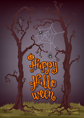 Halloween poster or card. Party invitation with Pumpkin, Spider Web and trees.