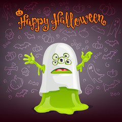 Halloween monster card. Character for your design on chalkboard dark background.
