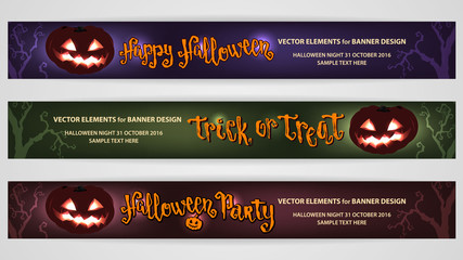 Halloween horizontal banners or flyers. Banners Set with Pumpkin and Spider Web.