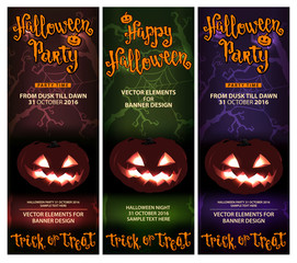 Halloween vertical banners or flyers. Banners Set with Pumpkin and Spider Web.