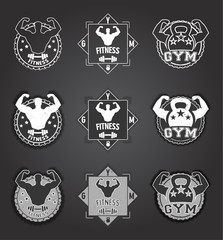 gym logo. Set of monochrome fitness emblems, labels, badges, logos and designed elements. can be used as  or icon