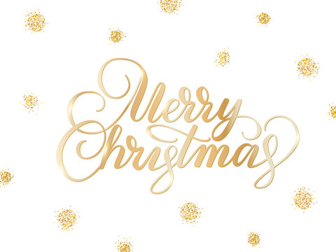 Merry christmas card with hand drawn lettering and golden glitte