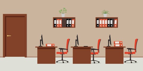 Office room in a beige color. There are tables, red chairs, computers, folders and other objects in the picture. Vector flat illustration