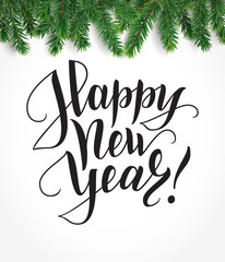 Card with Happy new year text and fir tree branches, vector illustration
