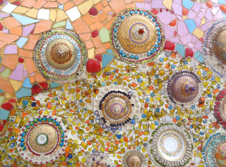 Colorful Decorated Mosaic Wall of the Staircase in a Buddhism Temple, Thailand 
