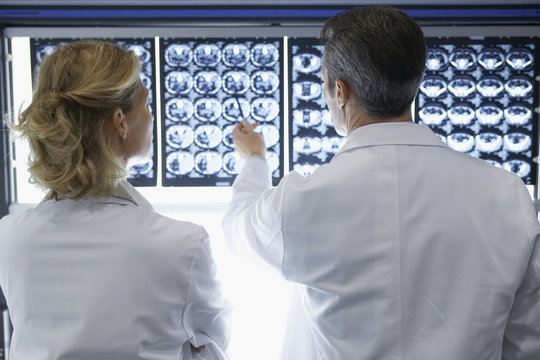 Rear view of a male and female doctors discussing brain scans in hospital