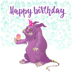 Naklejka premium Happy Birthday cute monster card.