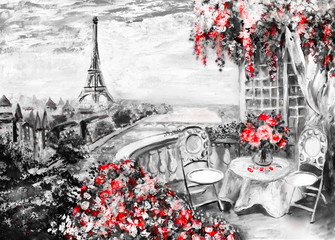 Obraz olejny, letnia kawiarnia w Paryżu, Wieża Eiffla, Francja, Sztuka współczesna - obrazy, fototapety, plakaty