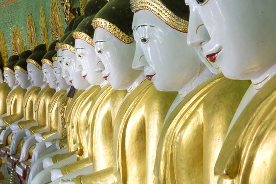 Some of the 45 Buddha images found at a crescent-shaped colonnade at Umin Thounzeh on Sagaing Hill, near Mandalay 