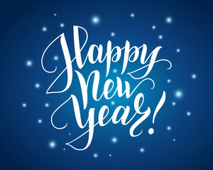 Happy new year lettering over shiny background with snow