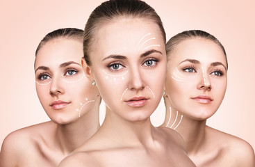 Three faces of young woman with lifting arrows