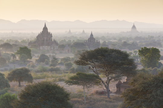 View over the temples of Bagan swathed in early morning mist, from Shwesandaw Paya, Bagan
