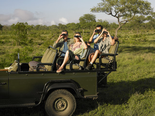Group of tourists sitting in jeep and looking through binoculars © MDBPIXS