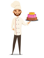 Baker. chef holding cake, vector illustration. fun, cartoon. isolated