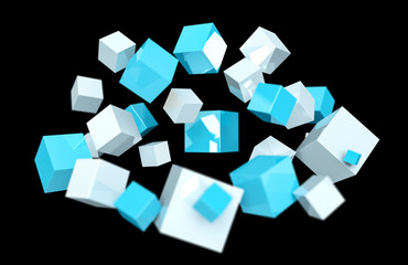 Floating blue and white shiny cube 3D rendering