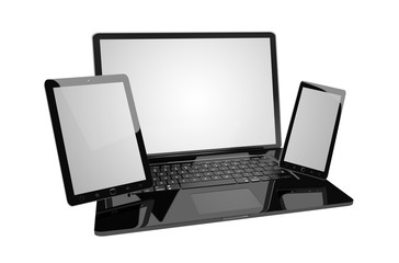 Laptop mobile phone and tablet connected to each other 3D render