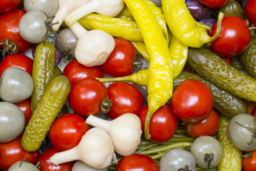 Pickled vegetables, cucumber tomatoes asparagus and garlic cabbage
