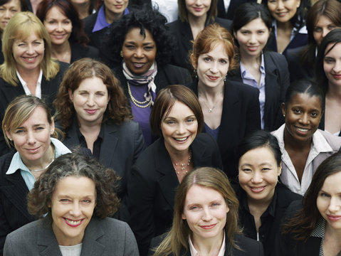 Elevated view of a group of smiling multiethnic businesswomen