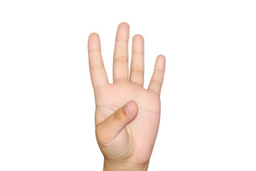 Girl showing four fingers on white background.
