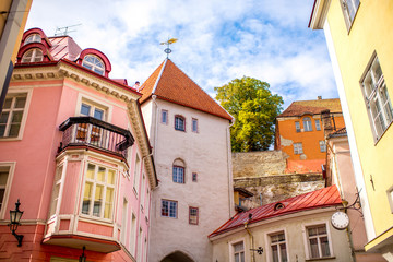Street view with gate tower in the old town of Tallinn, Estonia