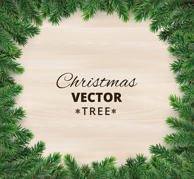 Christmas tree branches on wooden background, vector illustration