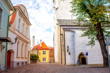 Street view with colorful buildings in the old town of Tallinn, Estonia