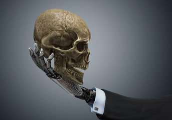 Business robotic arm holding human skull. Artificial intellegence concept