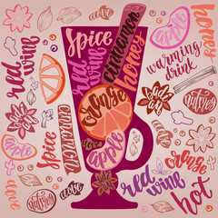 Mulled Hot Wine. Decorative vector illustration and handwritten brush lettering your design.