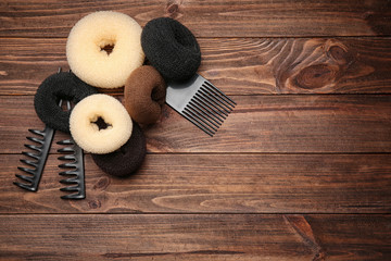 Accessory for hairstyle on wooden background