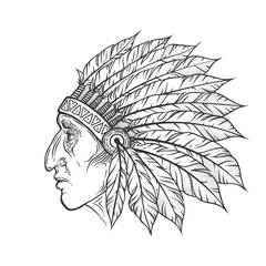 Native American Indian chief head profile. Vector vintage illustration. Hand drawn style. Bohemian element. Tattoo