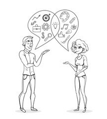 Collaboration of two people. Creative woman and man analyst. Business sketch vector illustration.