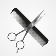 Vector Crossed  Scissors and Comb,  isolated on white, barbershop concept - obrazy, fototapety, plakaty